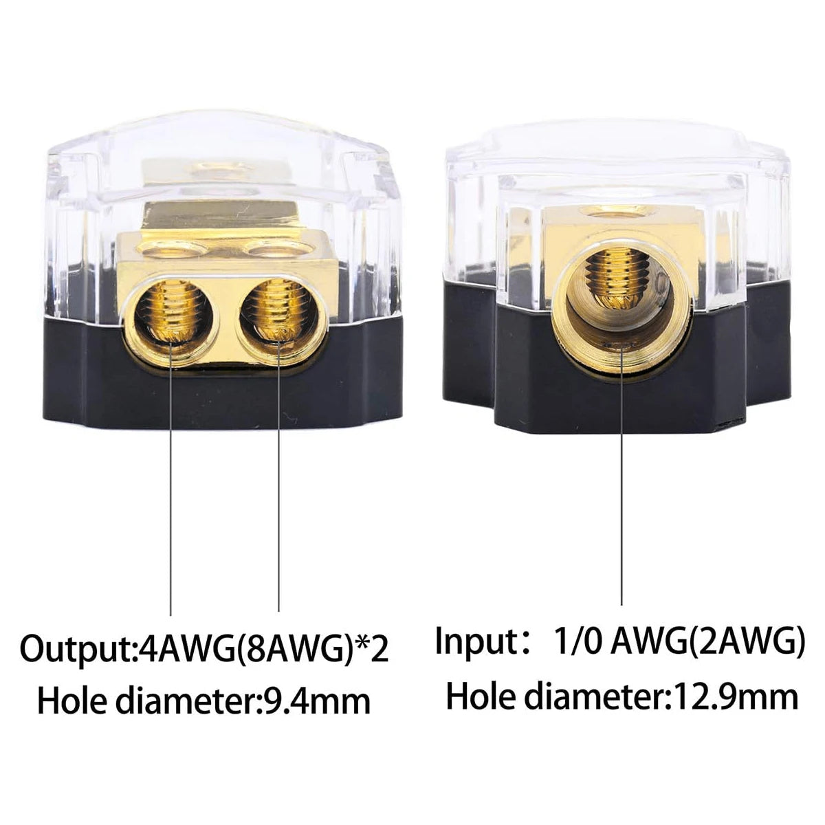 2Way Power Distribution Block Copper Car Audio Power Wire Splitter 0/2/4 Gauge in 4/6/8 Gauge Out Durable Amplifier Power