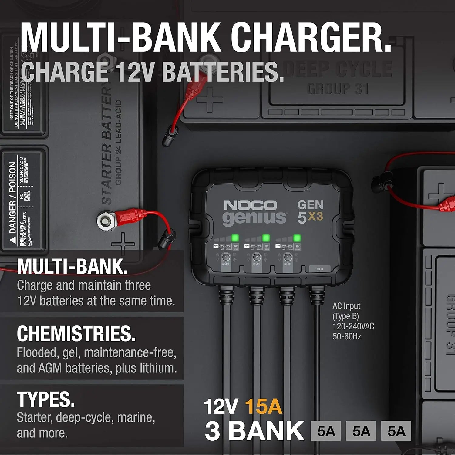 CarAudioGuySupply_NOCO Genius GEN5X3, 3-Bank, 15A (5A/Bank) Smart Marine Battery Charger