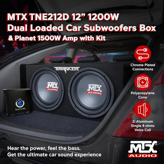 CarAudioGuySupply_MTX TNP212D2 12" 1200 Watt 4 Ohm Dual Loaded Car Audio Subwoofer Package with Sub Enclosure,Planet 1500W Monoblock A/B Amplifier